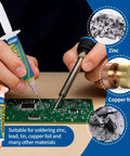 Hands using No Clean Rosin Soldering Flux Paste Pro Grade 10cc syringe for precision SMD BGA PCB repair with soldering iron.