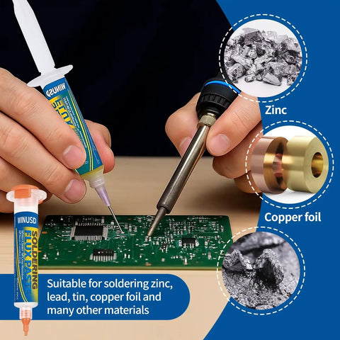 Hands using No Clean Rosin Soldering Flux Paste Pro Grade 10cc syringe for precision SMD BGA PCB repair with soldering iron.