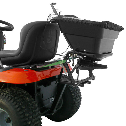 Tow Behind 12V Lawn Tractor Spreader For Grass Seed And Fertilizer With 80 Pound Capacity And Lightweight Frame on tractor