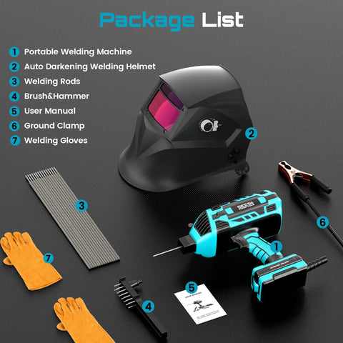 Portable 110V Welder Kit With Auto Darkening Helmet 120A Handheld Welder Includes 20 Welding Rods Gloves Ground Clamp Brush And All Essentials