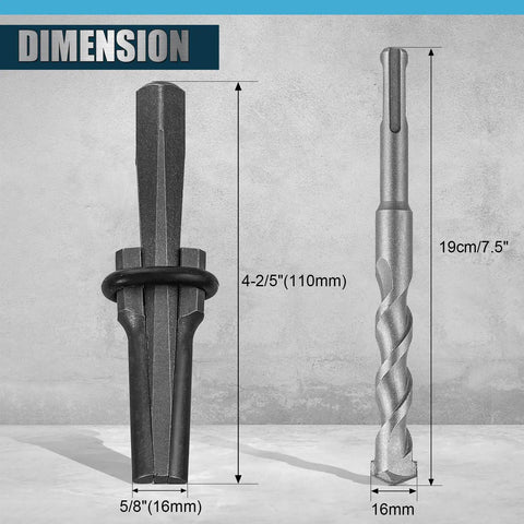 Heavy Duty Rock Splitting Wedges With Rotary Hammer Drill Bit Tough As Nails Steel Build For Concrete Breaking And Demolition Jobs dimensions showing sizes.