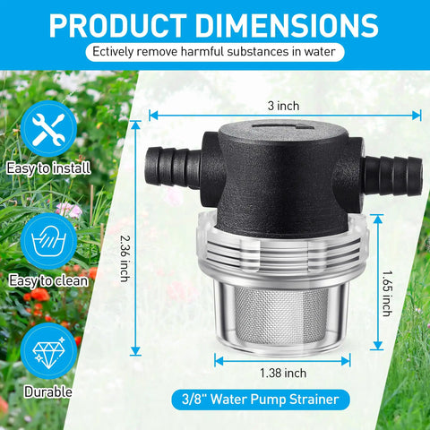 Two Pack Water Pump Strainers With Three Eighth Inch Hose Barb Inline Mesh Filter Screen Twist On Plumbing Strainers dimensions