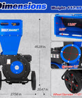 Gas Powered Wood Chipper Shredder Beast 7.5 HP 224cc; dimensions and wheel size detail view