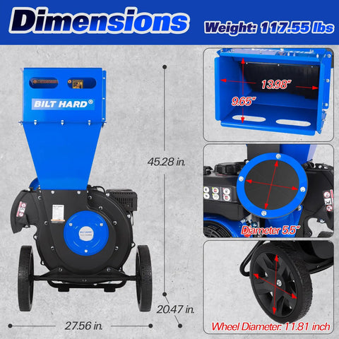 Gas Powered Wood Chipper Shredder Beast 7.5 HP 224cc; dimensions and wheel size detail view