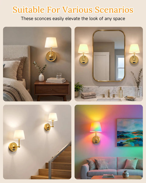 Battery Operated Wall Sconces Set of 2, Wireless Wall Lights with Rechargeable Battery in various settings, providing warm and colorful light.