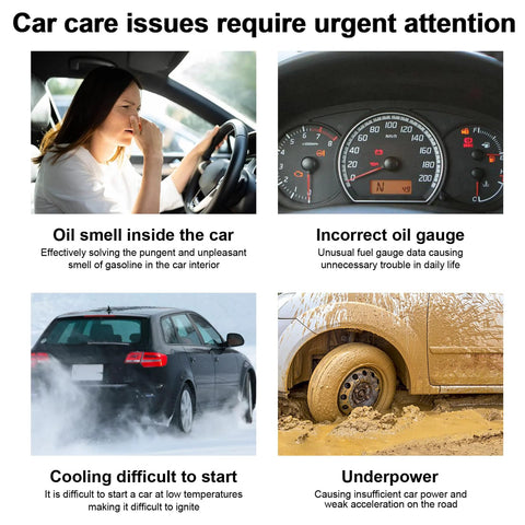 Image showing car issues: woman in car smelling oil, incorrect oil gauge, car difficulty starting, underpowered vehicle in mud.