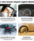 Collage of car care issues: oil smell, incorrect oil gauge, cooling problems, underpower vehicle