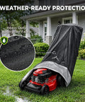 Badass Heavy Duty Waterproof Push Lawn Mower Cover Universal Fit With Double Stitched 600D Oxford Cloth protecting a red mower in rain.