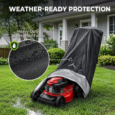 Badass Heavy Duty Waterproof Push Lawn Mower Cover Universal Fit With Double Stitched 600D Oxford Cloth protecting a red mower in rain.