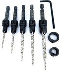 Adjustable Wood Countersink Drill Bit Set For Precise Woodworking, 5 piece with tapered bits, 1/4 inch hex shank FTG USA