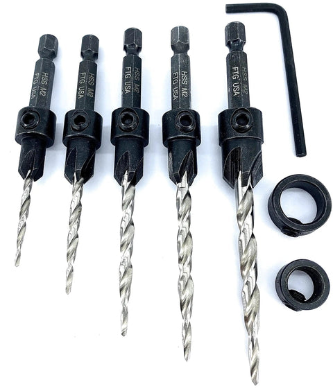 Adjustable Wood Countersink Drill Bit Set For Precise Woodworking, 5 piece with tapered bits, 1/4 inch hex shank FTG USA