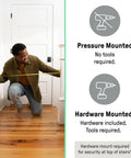 Man measuring doorway for extra tall baby and pet gate for stairs and doorways no drill pressure mounted fits openings from 28.5 to 48 inches 36 inch height install at top or bottom of stairs banister or hallway bronze finish.