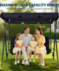 Family sitting on Three Seat Outdoor Patio Porch Swing With Stand Adjustable Canopy Thick Waterproof Cushions Heavy Duty Steel Frame