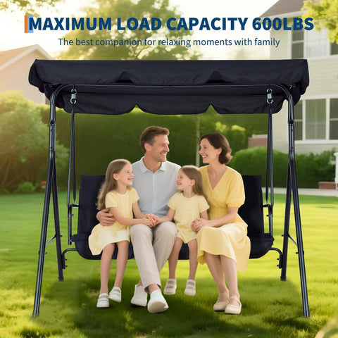 Family sitting on Three Seat Outdoor Patio Porch Swing With Stand Adjustable Canopy Thick Waterproof Cushions Heavy Duty Steel Frame