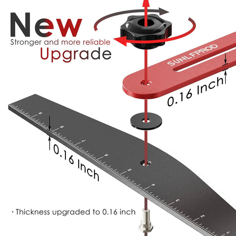 Close-up of Premium Adjustable Stair Tread Template showing 0.16 inch thickness upgrade, adjustable gauge, and measurement markings.