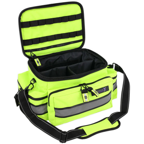 Lightning X mid-sized EMT bag in fluorescent yellow with black shoulder strap and multiple exterior pockets