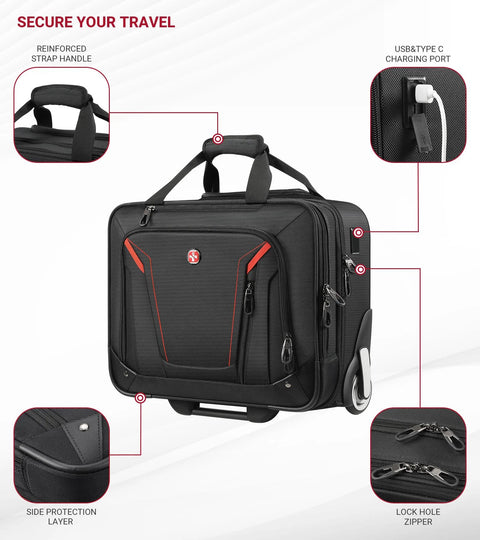 Front view of Star Cloud rigid-frame rolling laptop bag, 18×14×8 in, black water-resistant carry-on with wheels.