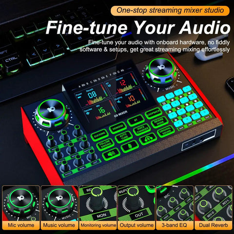 G9 Live Sound Card And Streaming Mixer With Built-In Audio Interface For Smartphones And PCs, 4.5 Inch HD Screen, knobs and buttons