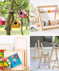 Colorful birdhouses, ribbon organizer, wooden frames, and easels for creative projects using 25 Pack Square Wood Dowel Rods 5/16 X 15 Inch Unfinished Pine Craft Sticks For DIY Modeling And Dollhouse Miniatures With Slick Cut Ends And Top Shelf Durability For Any Legit Creative Session.