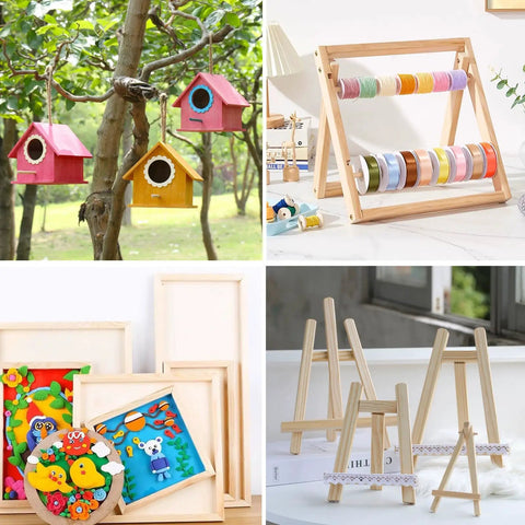 Colorful birdhouses, ribbon organizer, wooden frames, and easels for creative projects using 25 Pack Square Wood Dowel Rods 5/16 X 15 Inch Unfinished Pine Craft Sticks For DIY Modeling And Dollhouse Miniatures With Slick Cut Ends And Top Shelf Durability For Any Legit Creative Session.