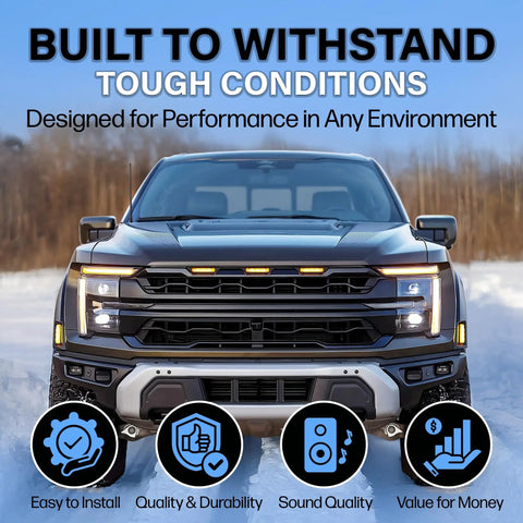 Front view of a truck with text highlighting toughness and installation benefits for 13 Inch All Terrain Flexible Rubber Antenna