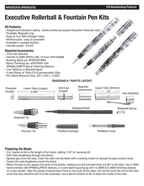 Premium Chrome Executive Fountain Pen Hardware Kit For Weekend Woodturners Featuring Badass Magnetic Cap Penturning Set Lathe Ready components layout and features.