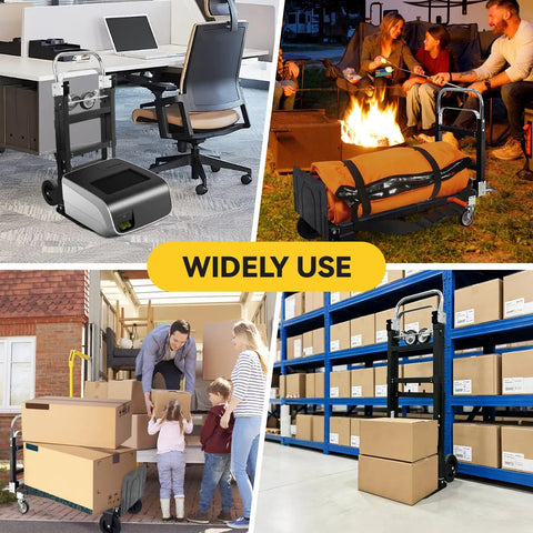 3-in-1 Aluminum Hand Truck Dolly with 600 lb capacity demonstrating versatile use in office, camping, delivery, and warehouse settings.