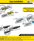 Easy installation guide for All Weather 2-In-1 Windshield Wiper with Water Repellent Tech, showing blade cover removal and adapter attachment.