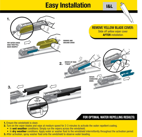 Easy installation guide for All Weather 2-In-1 Windshield Wiper with Water Repellent Tech, showing blade cover removal and adapter attachment.