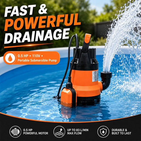 Heavy Duty Workhorse Submersible Sump Pump Featuring Reliable Automatic Float Switch For Rapid No Sweat Water Drainage With 0.5Hp 110V High Capacity Motor in use.