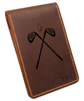 Personalized Leather Golf Yardage Book Holder and Scorecard Cover for Golfers displaying crossed clubs engraving.