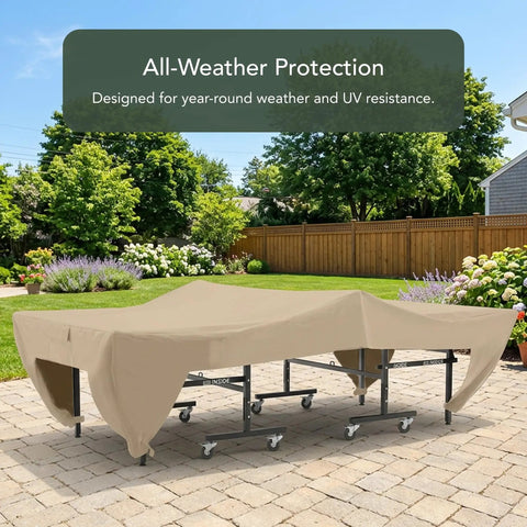 Ping Pong Table Cover For Indoor And Outdoor Use, Heavy Duty Vinyl With Soft Lining, Water Resistant, Classic Tan, on a table outdoors