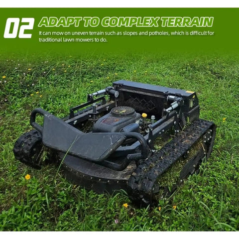 Tracked Lawn Mower Workhorse For Hills And Rough Terrain With Wireless Remote Control on uneven ground
