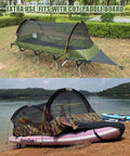Flat Lay Hammock Tent with Mosquito Net and Waterproof Rainfly for One Person Backpacking Camping, shown on cot and paddle board.