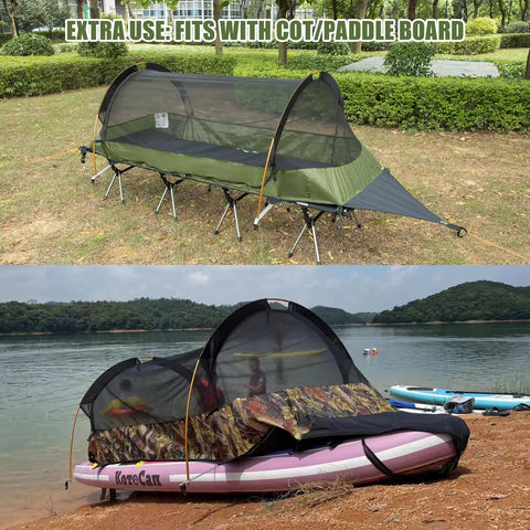 Flat Lay Hammock Tent with Mosquito Net and Waterproof Rainfly for One Person Backpacking Camping, shown on cot and paddle board.