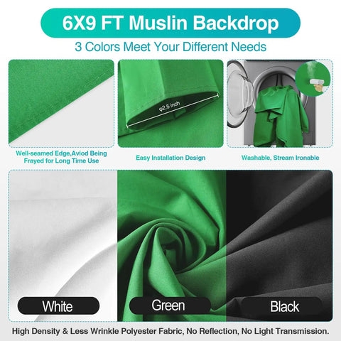 6x9ft muslin backdrops in white, green, black for 8.5 By 10 Foot Backdrop Support System With Pro Lighting Kit, 5500K 50W LED.