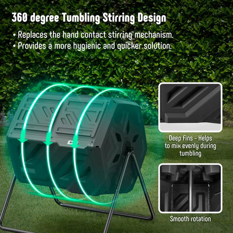 43 Gallon Outdoor Dual Chamber Compost Bin With Fast Assembly Tumbler For Quick Kitchen And Garden Waste Recycling Gloves Included Weatherproof Black Easy Box To Compost In Minutes with 360-degree tumbling stirring design.
