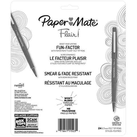 Front packaging of Go-To Felt Tip Pens Set With Flair Markers, 24 Count, medium point with product features highlighted.