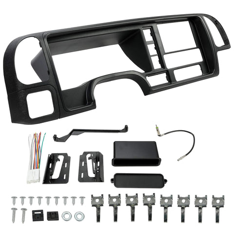 ECOTRIC black double-din dash panel kit with wiring harness and mounting hardware for 1995–2002 GM trucks