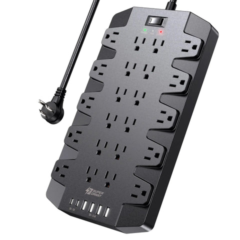 Massive 28 In 1 Power Strip Surge Protector With 22 Outlets, 2 USB C Ports, 4 USB A Ports, 1875 Watts And 15 Amps, 2100 Joule Surge Protection, Six And A Half Foot Extension Cord, Wall Mount Holes For Home Office Dorm Gaming, angled view