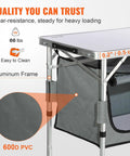 Close-up of Camping Kitchen Station With Three Adjustable Heights featuring aluminum frame and 600D PVC fabric.