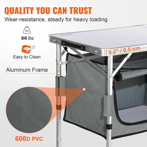 Close-up of Camping Kitchen Station With Three Adjustable Heights featuring aluminum frame and 600D PVC fabric.