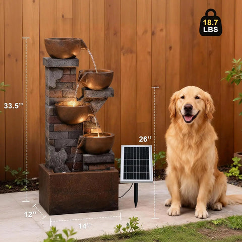 Five Tier Solar Outdoor Water Fountain With LED Lights 33 Point 5 Inch Tall Waterfall with solar panel in a patio