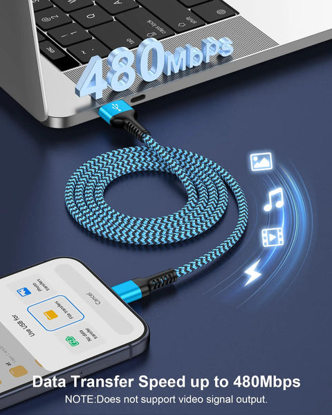 Two Pack CarPlay USB A To USB C Fast Charging Cable connected to laptop and phone, blue braided design, 480Mbps speed