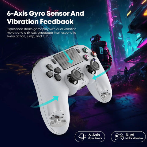 Pro Wireless Controller For PS5 And PC with Turbo Macro Back Buttons Dual Vibration Motion Control shown with 6-axis gyro sensor.