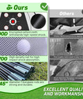 Comparison of materials for 10x7 Foot Golf Net With Practice Mat Hitting Aid featuring strong Oxford cloth and fiberglass rods.