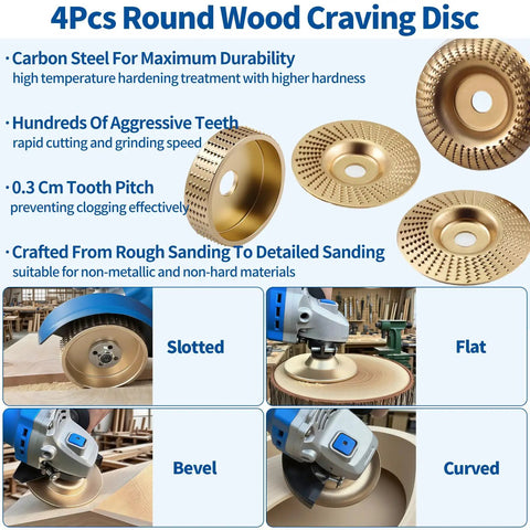 4pc round wood carving discs from 15 Piece Pro Grade Wood Carving Kit For Angle Grinders 4 Inch To 4.5 Inch, carbon steel, various types