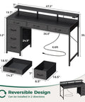 Gaming Desk With RGB LED Lighting And USB Type-C, 47 Inch Computer Desk With 6 Drawers, diagram showcasing measurements and reversible design.