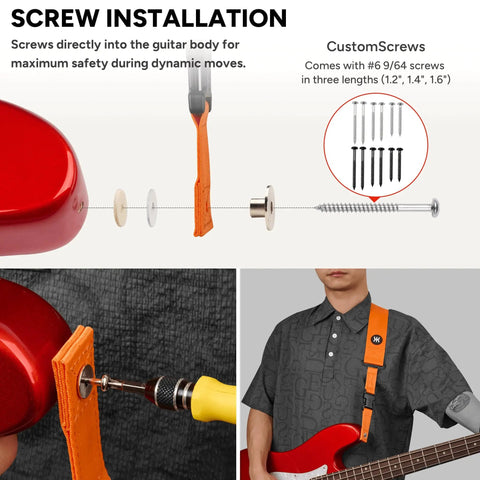 SnapLock Pro Guitar Strap with Quick Release Buckle and Screw Fasten Ends, Handy Quick Fetch Pick Holder, Adjustable 38 to 57 Inches, Fits Bass and Electric Guitars, Orange Gift for Guitarists installation.