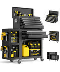 Smooth Rolling 8 Drawer Tool Chest With Nifty Detachable Modular Layout And Secure Locking Drawers For Top Shelf Garage Storage Slick Black Finish, featuring yellow tools and modular design.